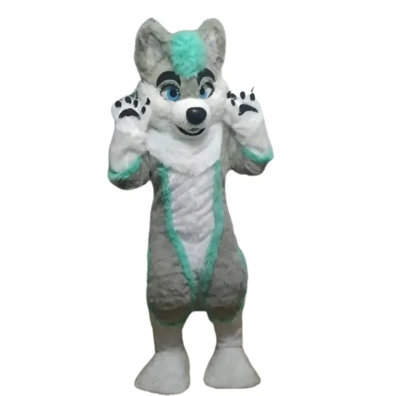 

Green Grey Fursuit Husky Dog Fox Mascot Costume Walking Halloween Christmas Large-scale Activity Cosplay Suit