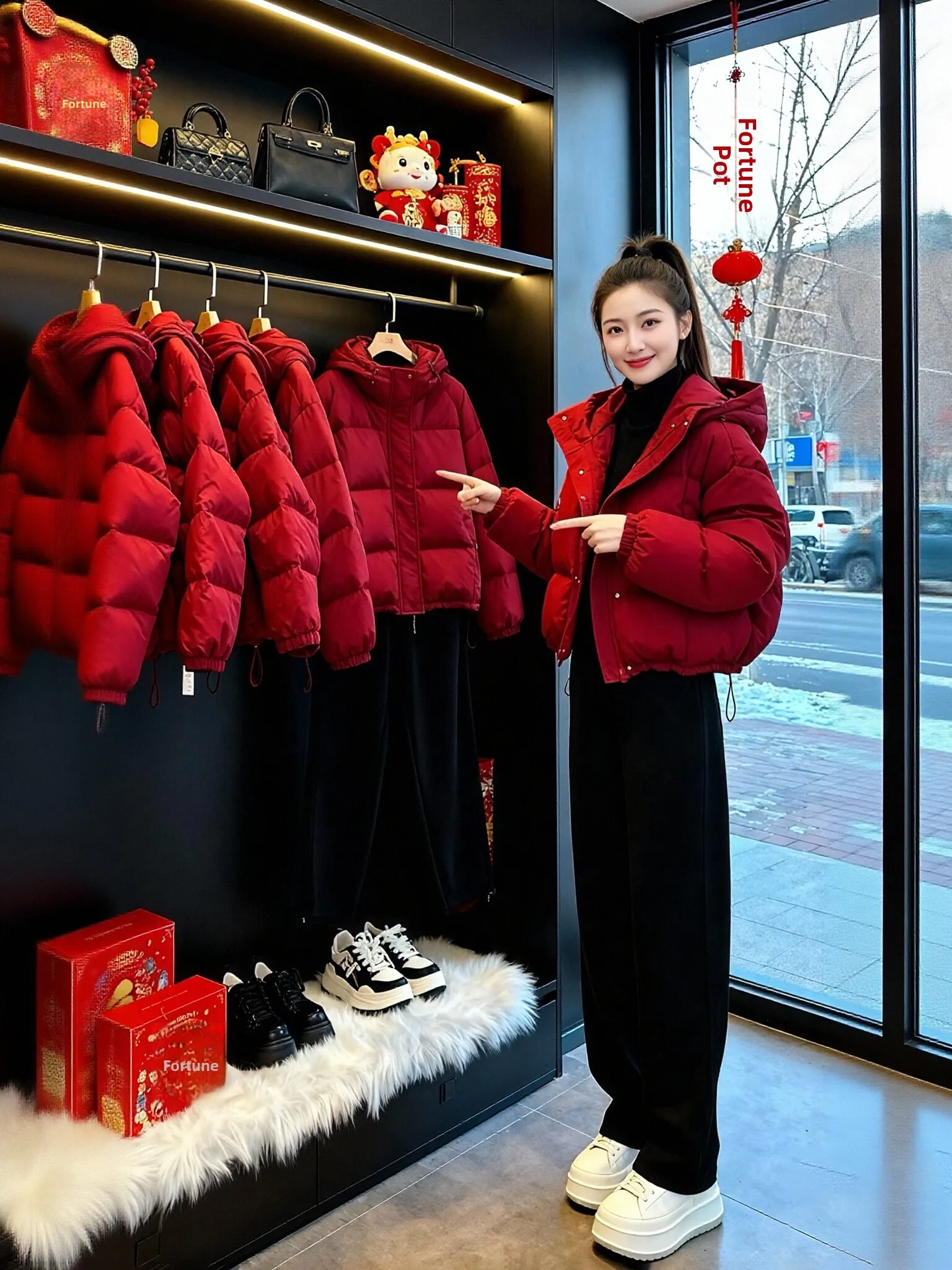 

Красный теплый хлопковый комплект из куртки с капюшоном и прямых брюк для женщин: зимний модный дизайн, повседневный, удобный, стильный.