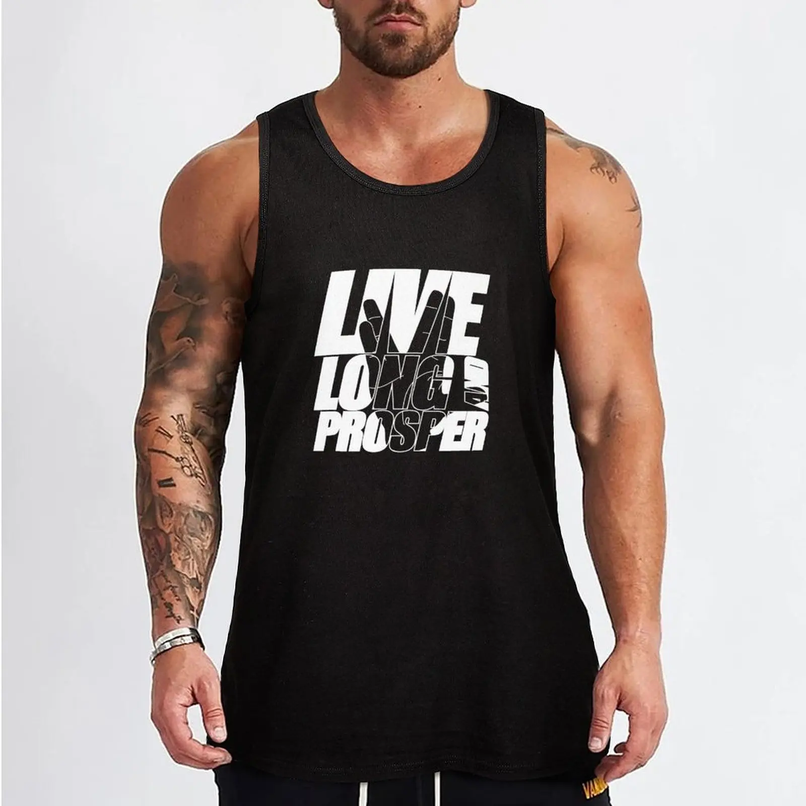 LIVE LONG AND PROSPER Star Trek ? Quote Meme slogan with silhouette of the Vulkan Gruss Tank Top training weight vest