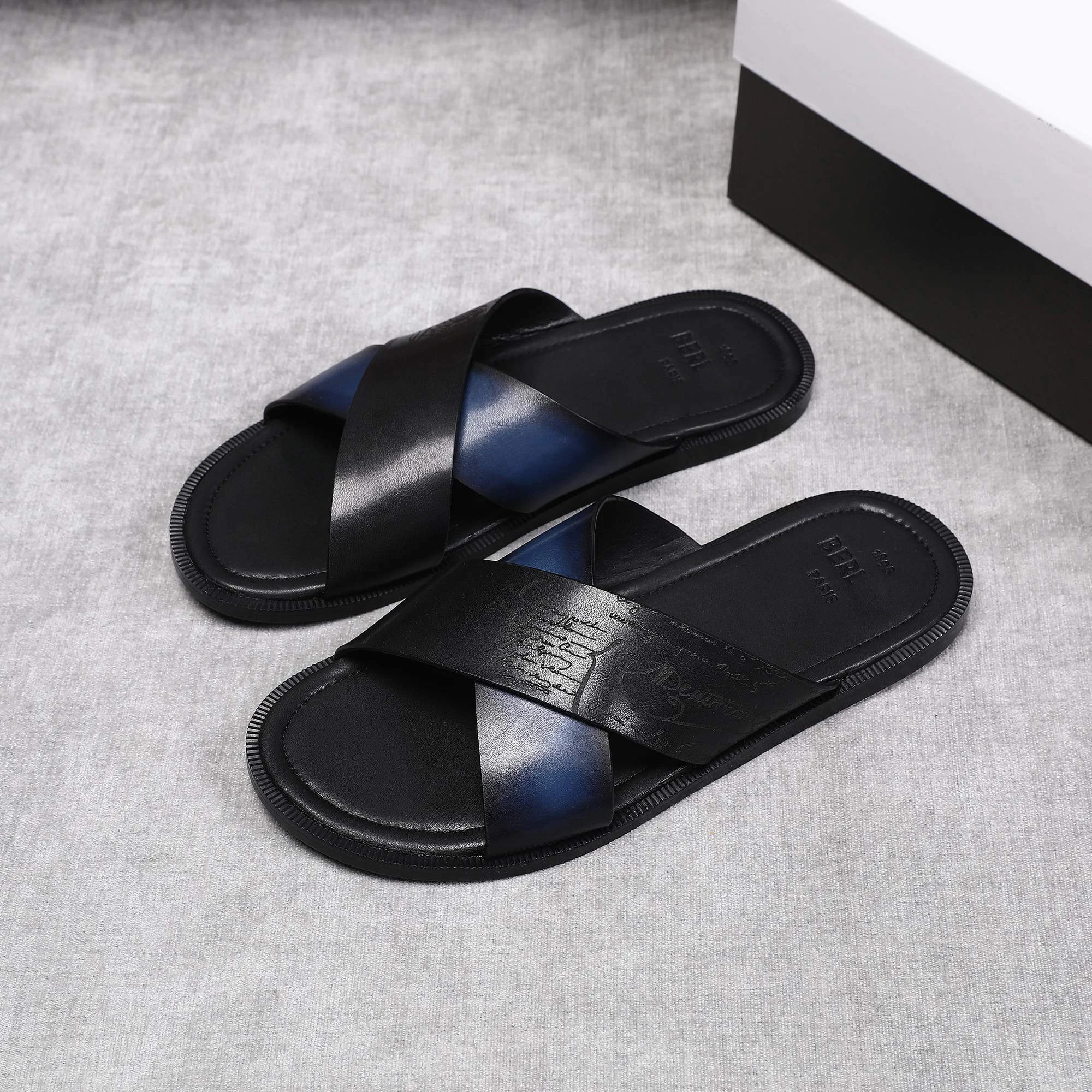 BLLIYOSS Men Patterned leather slippers 1895 Shoes New Calf stitching high quality  relief sculpture Embossed badge size 38-45