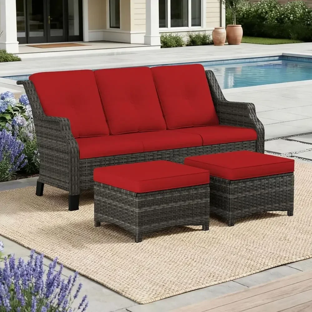 

3 Pieces Patio urniture Set, Outdoor urniture Set with 1 Wicker Soa, 2 PE Rattan Ottoman, Thick Cushions, Ideal or Backyard, Gar