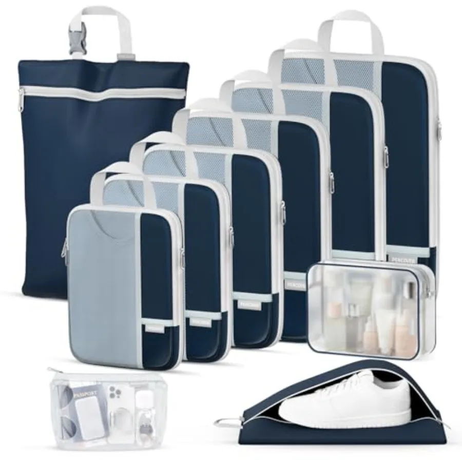 

Percover Compression Packing Cubes 10-Piece Set in Navy Blue for Travel with Toiletry Bag Laundry Bag Shoe Bag All-in-One Trave