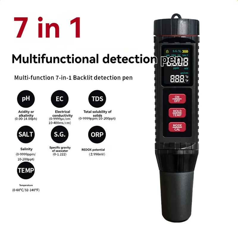 

A84E-7 In 1 Digital Water Quality Tester For Aquarium Pool–ORP PH TDS EC Meter With Salinity SG Temperature Multifunction