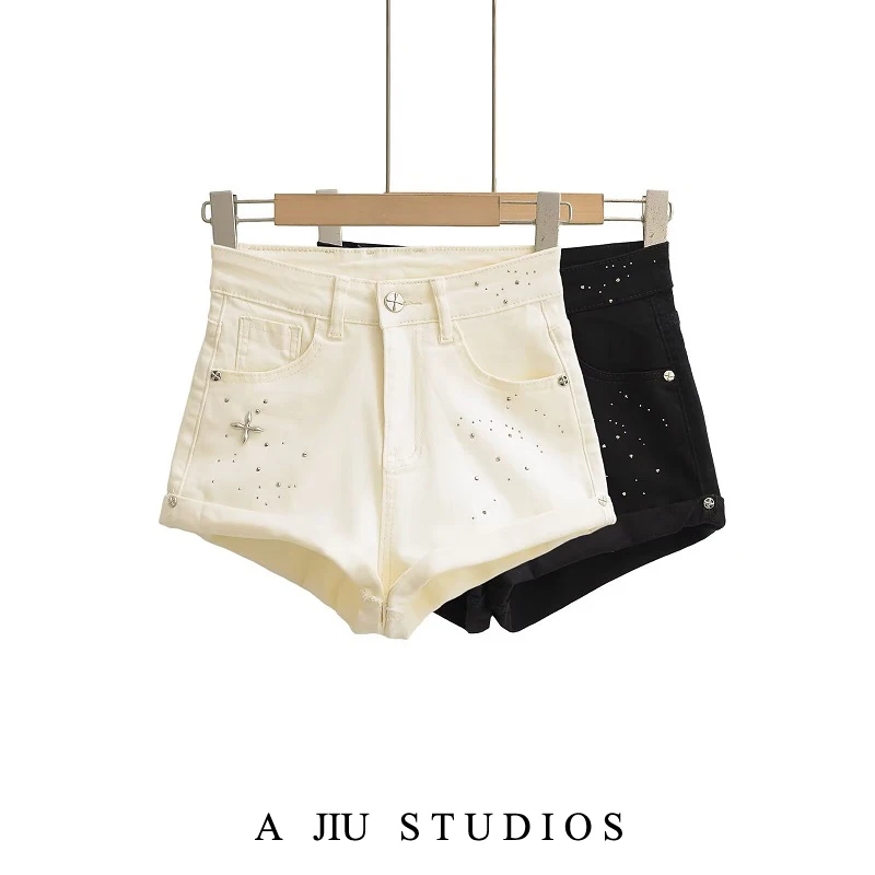 American Sle Spicy Girl Heavy Embellied Rhinestone Cuffed Denim Orts Dames Zomer Koreaanse Faion Veelzijdige wijde pijpen A-L...
