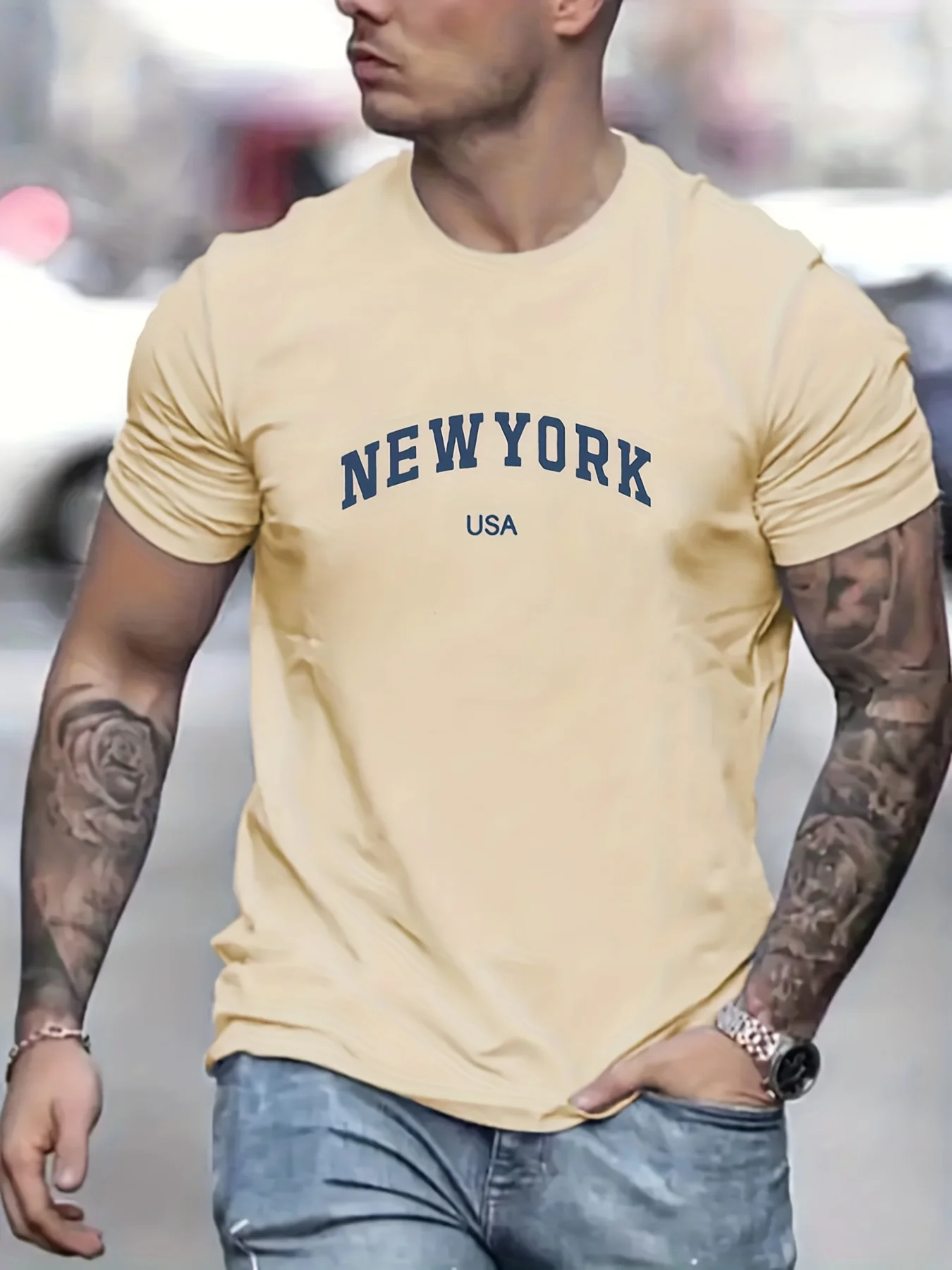 Men\'s 100 cotton summer fashionable casual loose plus size new York Usa printed slim fit sports round neck short sleeved T-shirt