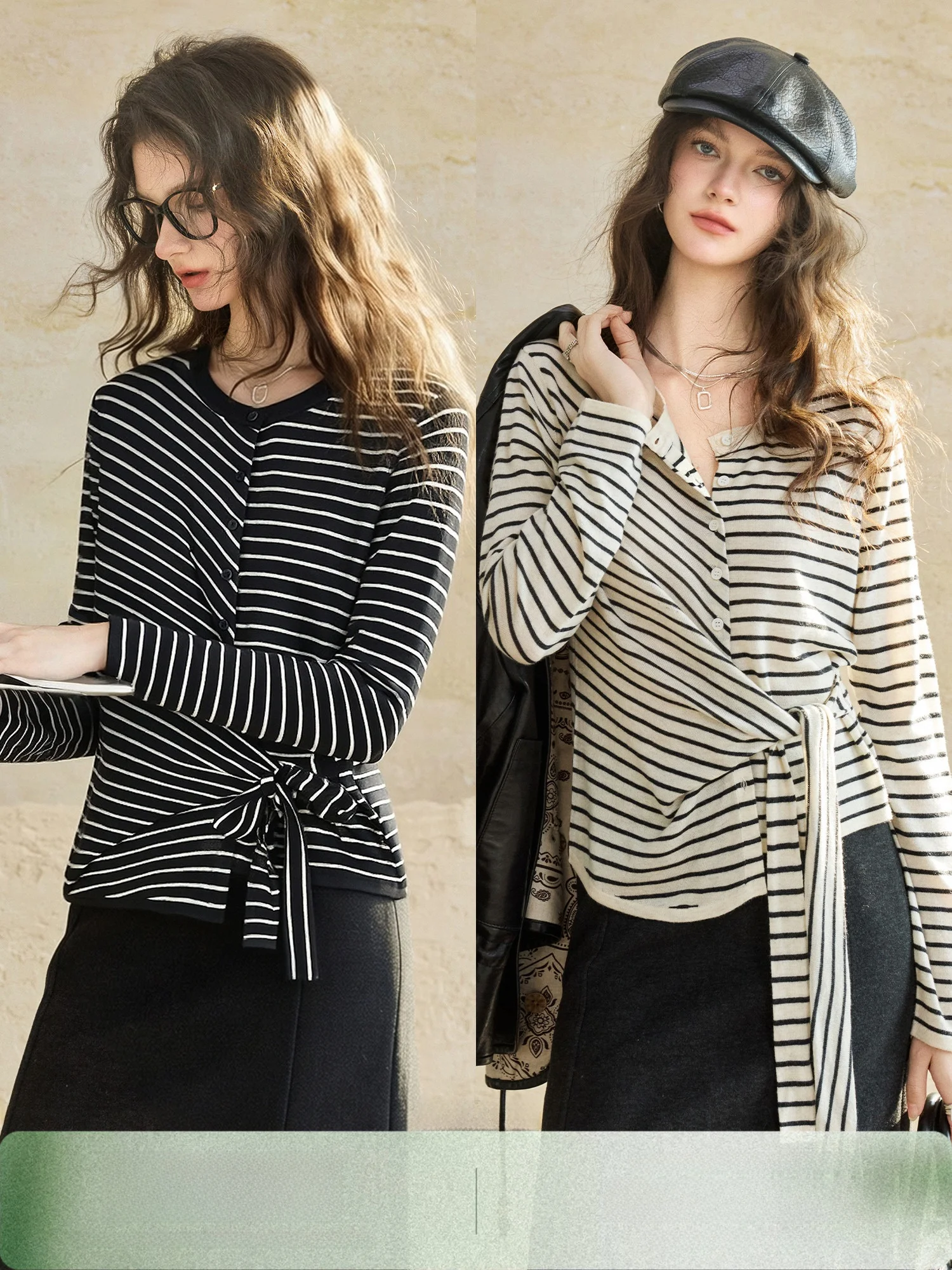

Soft Woolen Yarn Striped Knitwear Women's Waist-Cinching Belted Sweater Simple Sle Long Sve round Ne Spring Faion