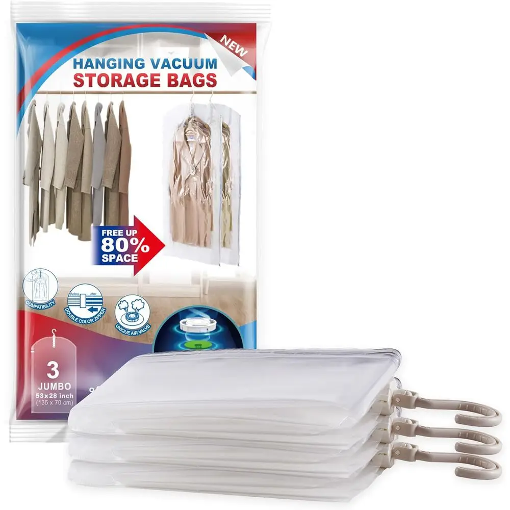 

3-Piece Large Hanging Vacuum Bags for Clothing Storage, Space-Saving Organizer for Clothes & Jackets, Ideal for Moving Essential