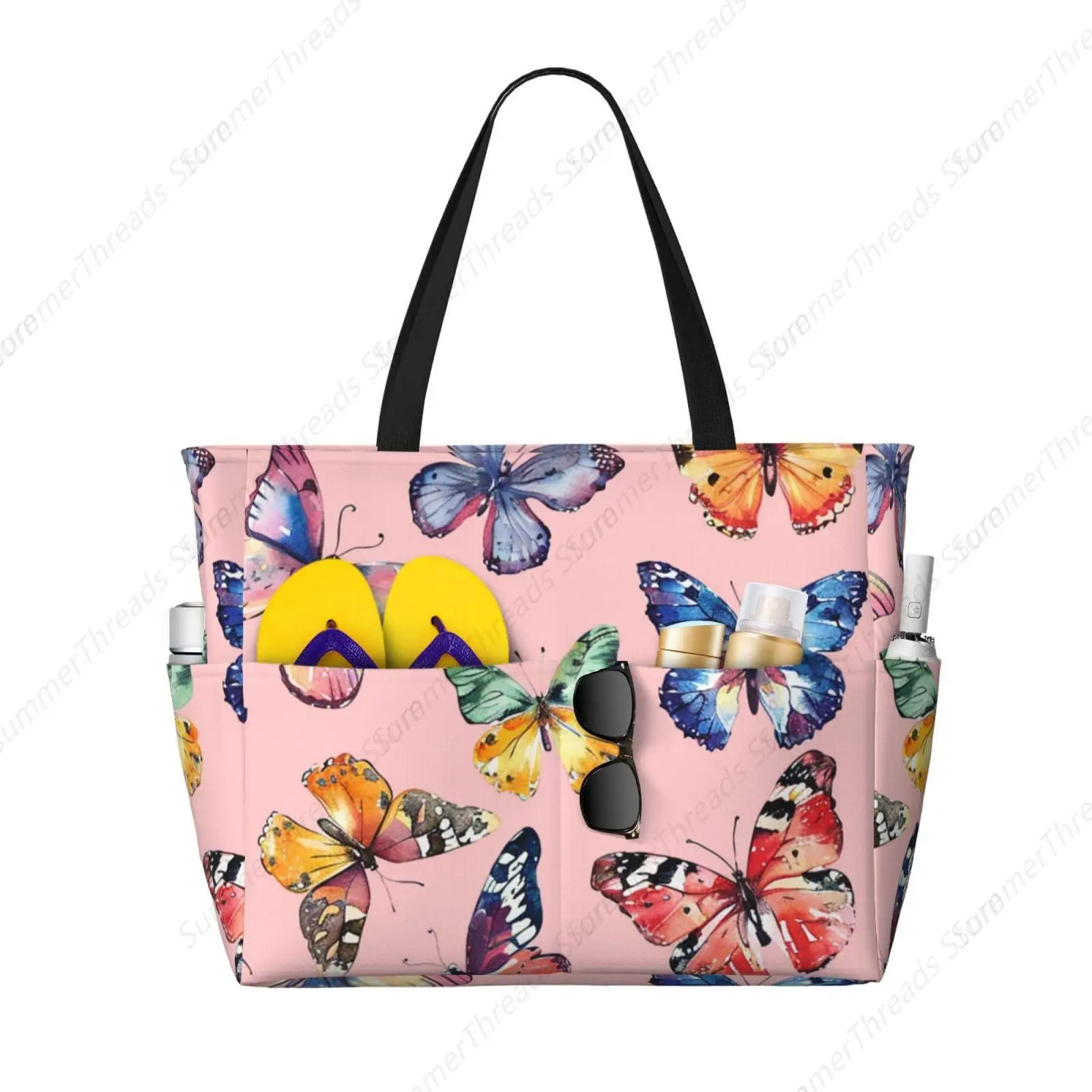 

Watercolor Colorful Butterfly Waterproof Beach Bag for Women Sandproof Beach Tote Bag Large Capacity Swim Pool Bag Foldable