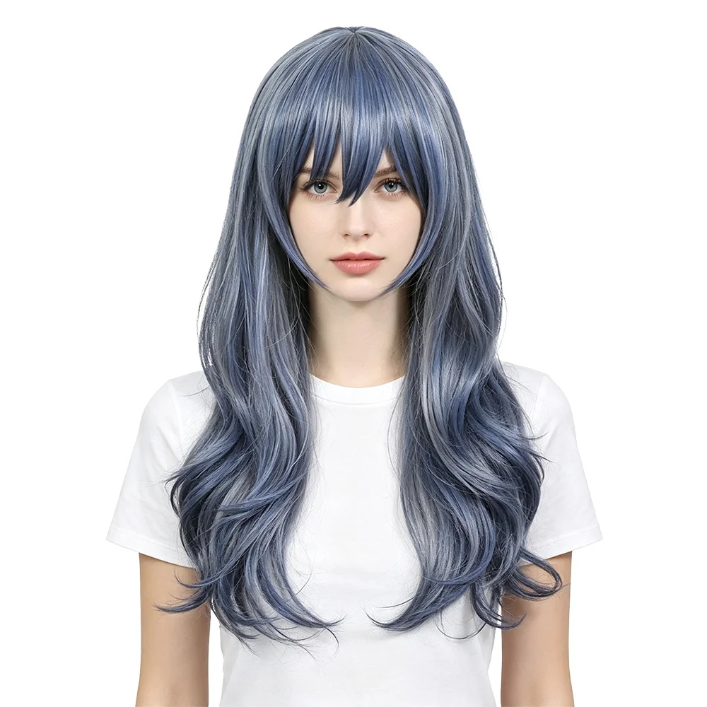 Anime Cosplay Wig Long Wavy Ash Blue Wig With Fringe Bangs Heat Resistant Synthetic Hair For Halloween Costume Party Comic Con