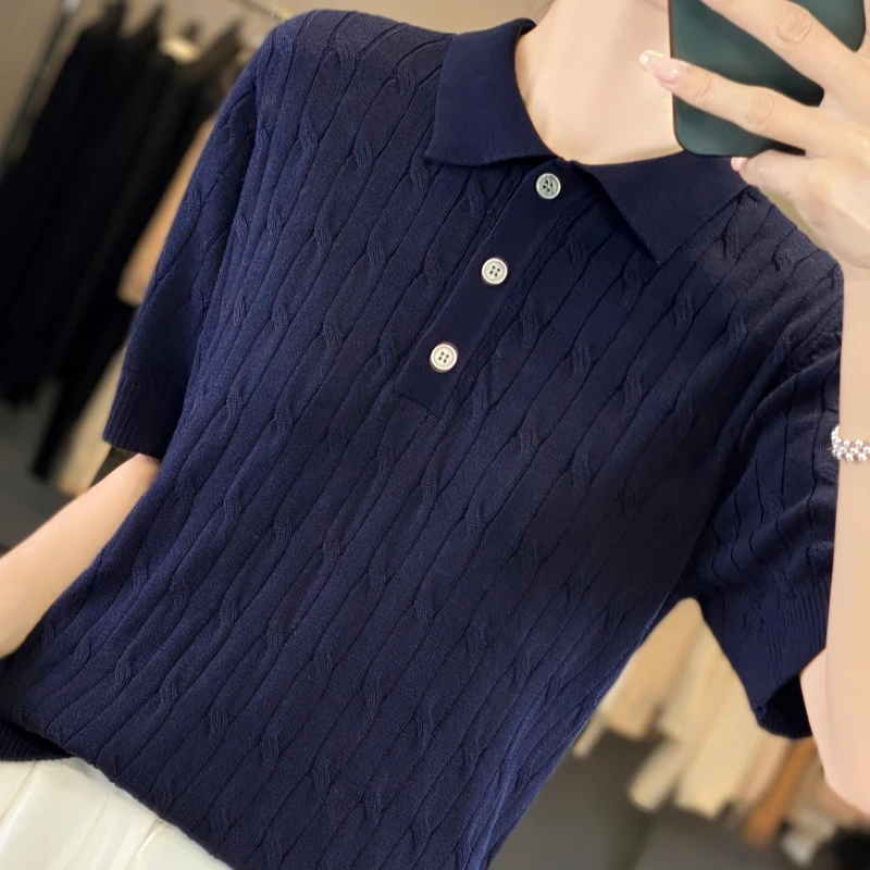 In summer, the new 100% pure wool knitted short-sleeved women\'s loose college polo neck basic sweater.