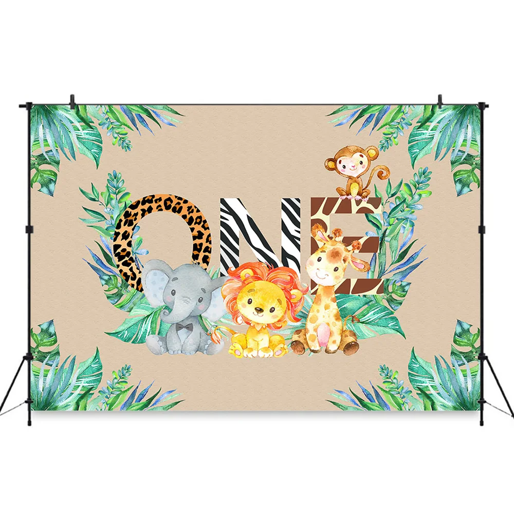 Tropical Jungle Baby One Birthday Party Background Boy Leopard Elephant Lion Animal Decorative Backdrop Newborn Cake Smash Props