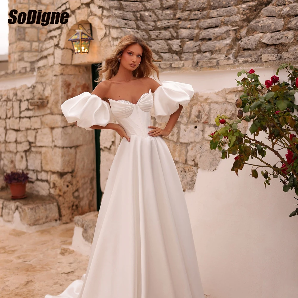 

﻿ SoDigne A-line Satin Wedding Dresses Sweetheart Short Sleeves Bridal Dress 2026 Bride Gown vestidos de novia Customized