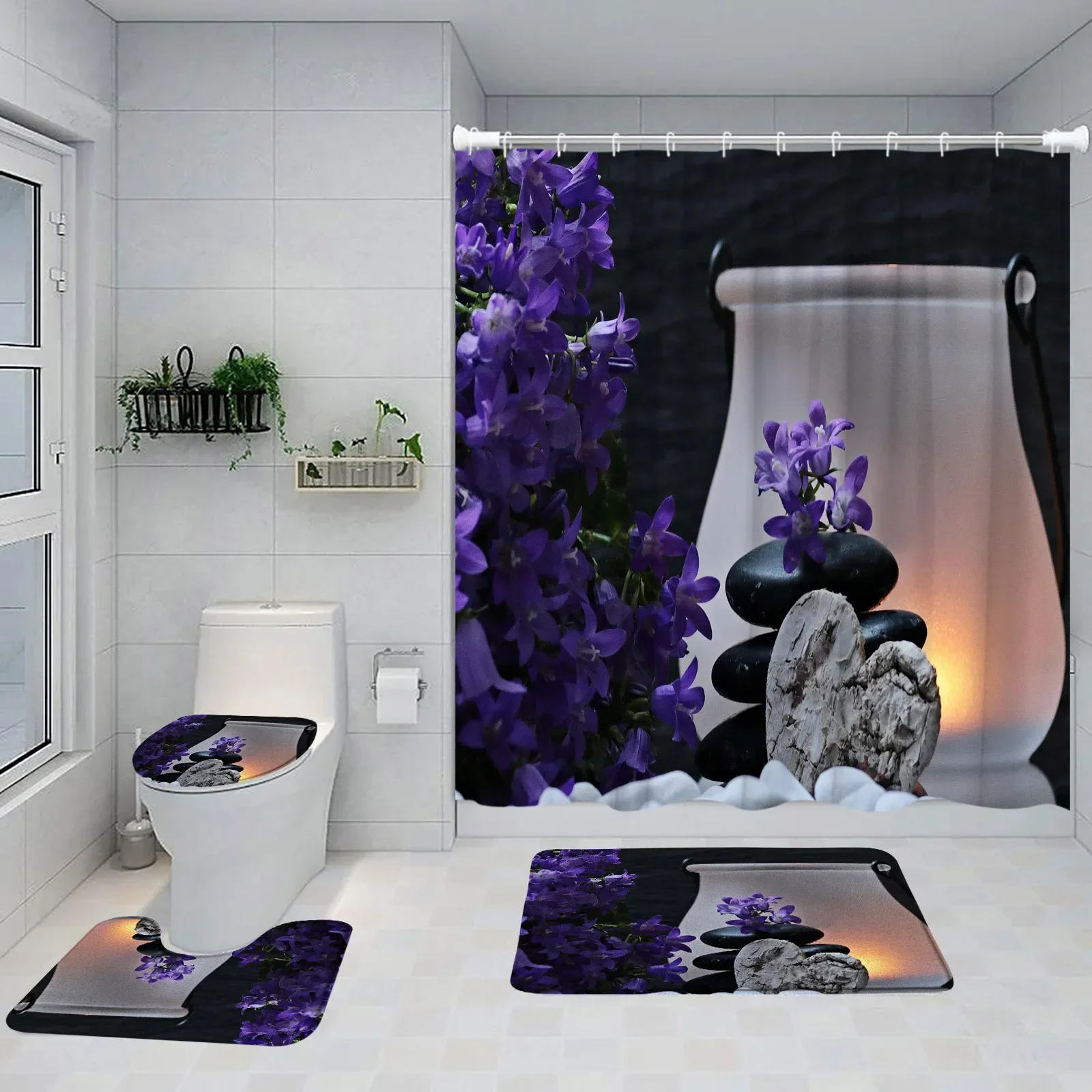 Zen Shower Set tirai ungu anggrek Hitam batu hijau bambu taman pemandangan kamar mandi dekorasi Non-Slip karpet mandi penutup Toilet