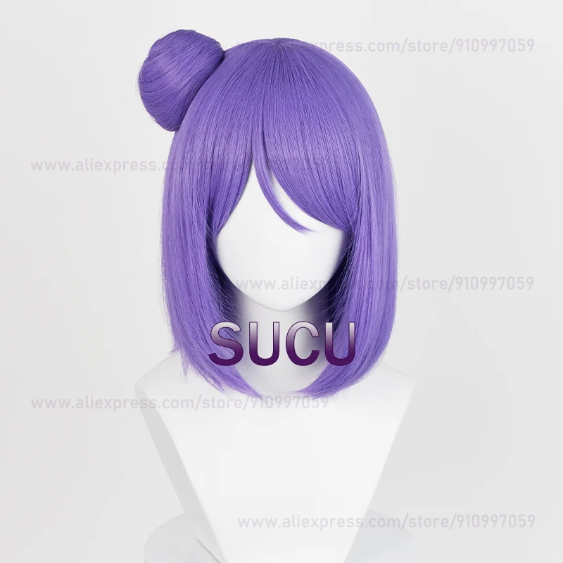 Peruca Cosplay Anime Konan para mulheres, cabelo curto roxo com coque, resistente ao calor, perucas sintéticas, 34cm