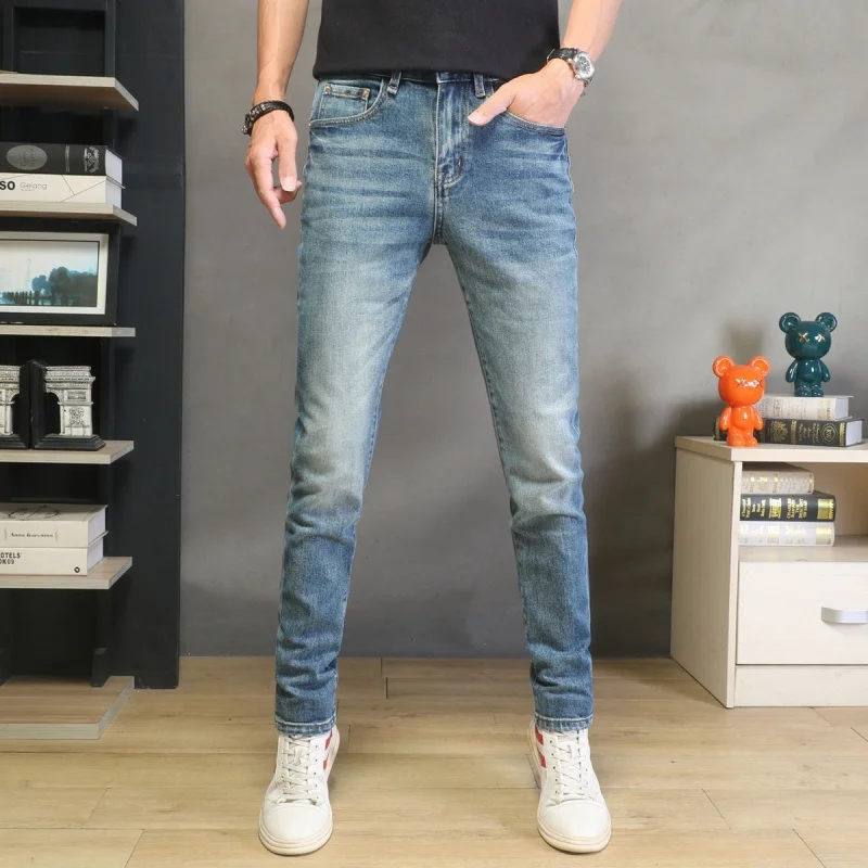 

Autumn High End Light Blue Jeans Men Slim Fit Skinny Stretch Fashion Trendy Versatile Casual Long Pants