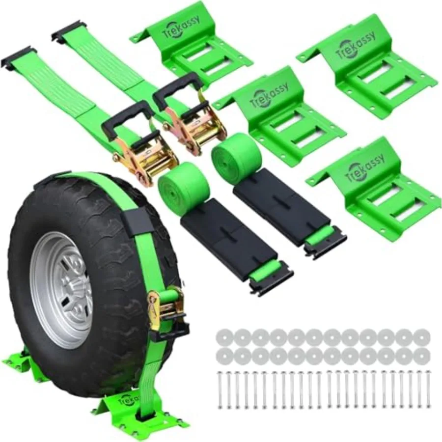 

Wheel Chock Tie-Down Kit with Rubber Blocks 4 500lb Break Strength Heavy Duty E Track Trailer Tire Straps for ATV UTV Lawn Mowe