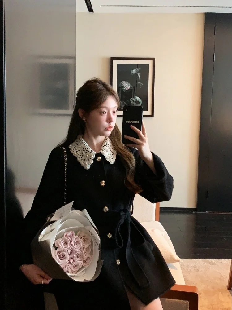 

Шерстяное пальто для похудения с кукольным воротником, корейский дизайн, женская верхняя одежда, модная пригородная одежда из полиэфирного волокна