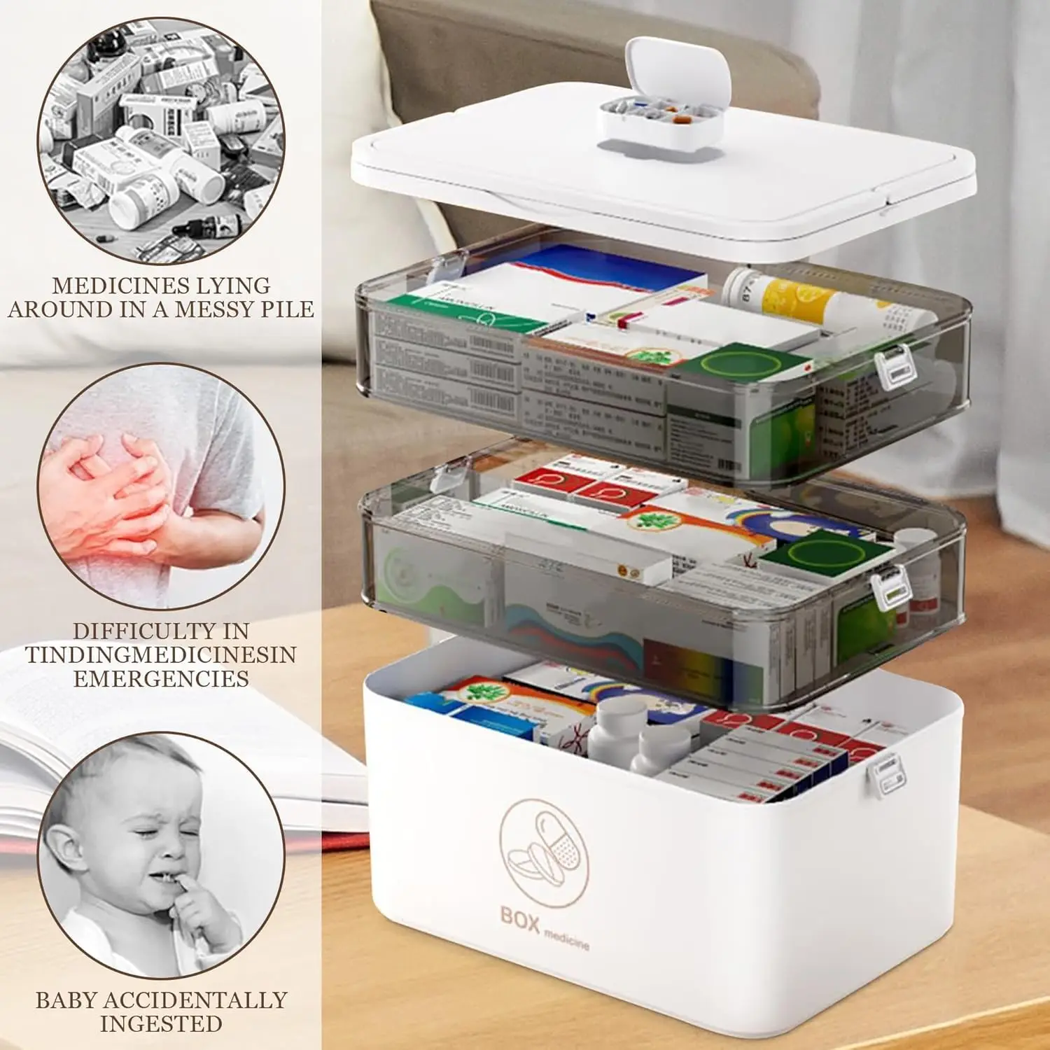 صندوق تخزين الأدوية، صندوق أدوية محمول مكون من 3 طبقات للإسعافات الأولية مع غطاء ومقبض، صندوق تخزين الأدوية متعدد الشبكات #4