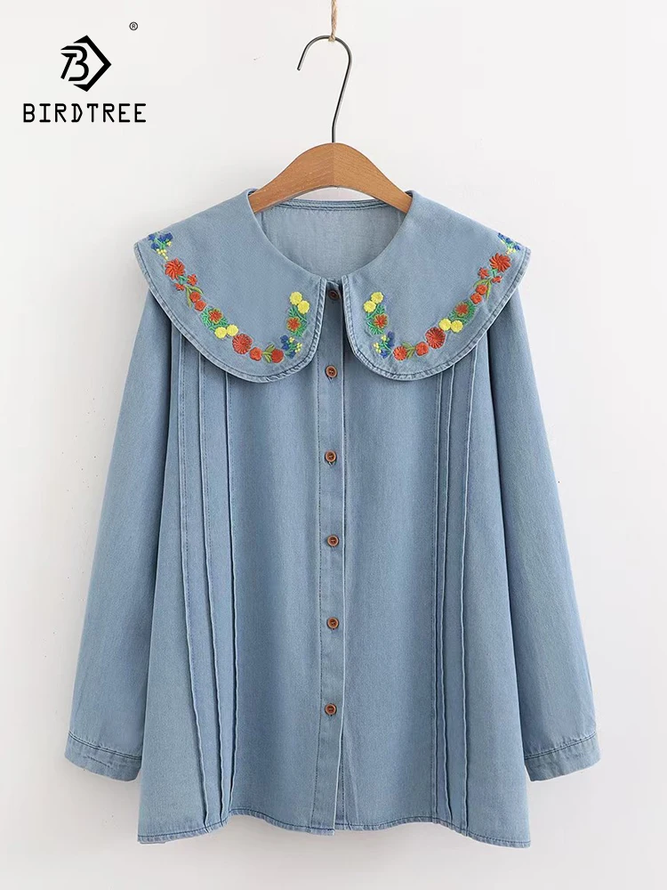 

Новая осенняя джинсовая рубашка с длинными рукавами 2025, женская джинсовая рубашка с воротником Питера Пэна и вышивкой, милая свободная блузка Mori Girl во французском стиле ретро T59926CC