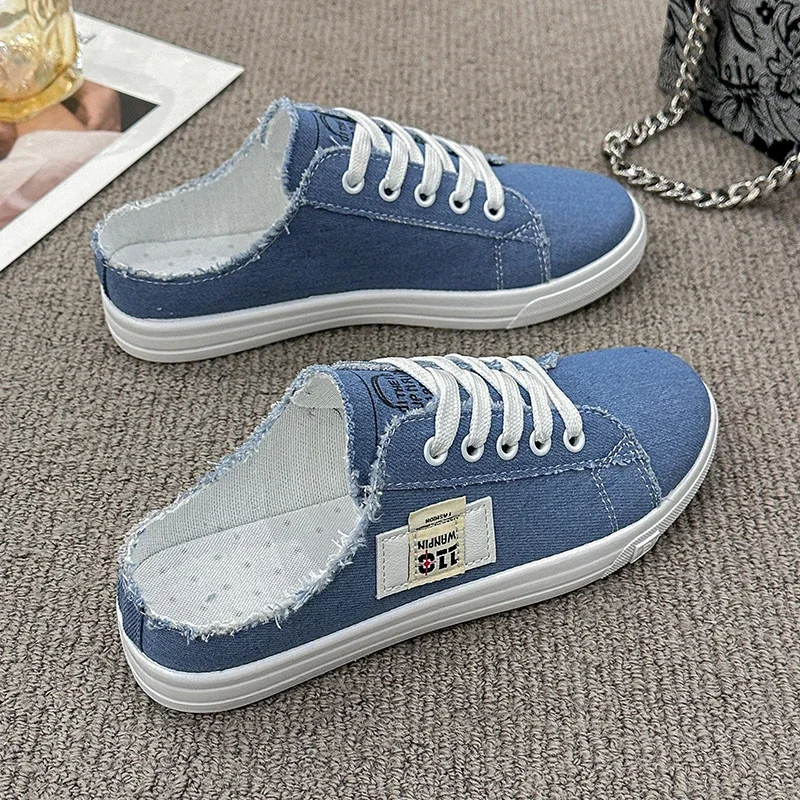 Blue Denim Women\'s Slippers 2024 Summer New Canvas Shoes Fashion Low Upper Lace Up Casual Sneakers Women Zapatos De Mujer