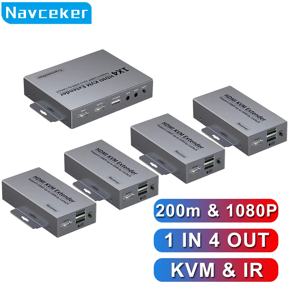 200m 1x4 HDMI & USB 1080P Extender over IP RJ45 KVM Transmitter Receiver via Cat5e Cat6 Ethernet Cable with Loop Out IR Support