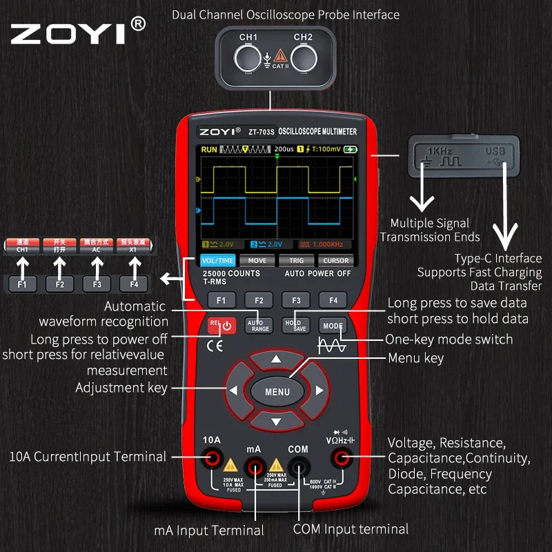 ZT-703S 3 In1 oscyloskop cyfrowy multimetr wysokiej precyzji wielofunkcyjny 50MHz 280MSa/s podwójny oscyloskop Generator sygnału