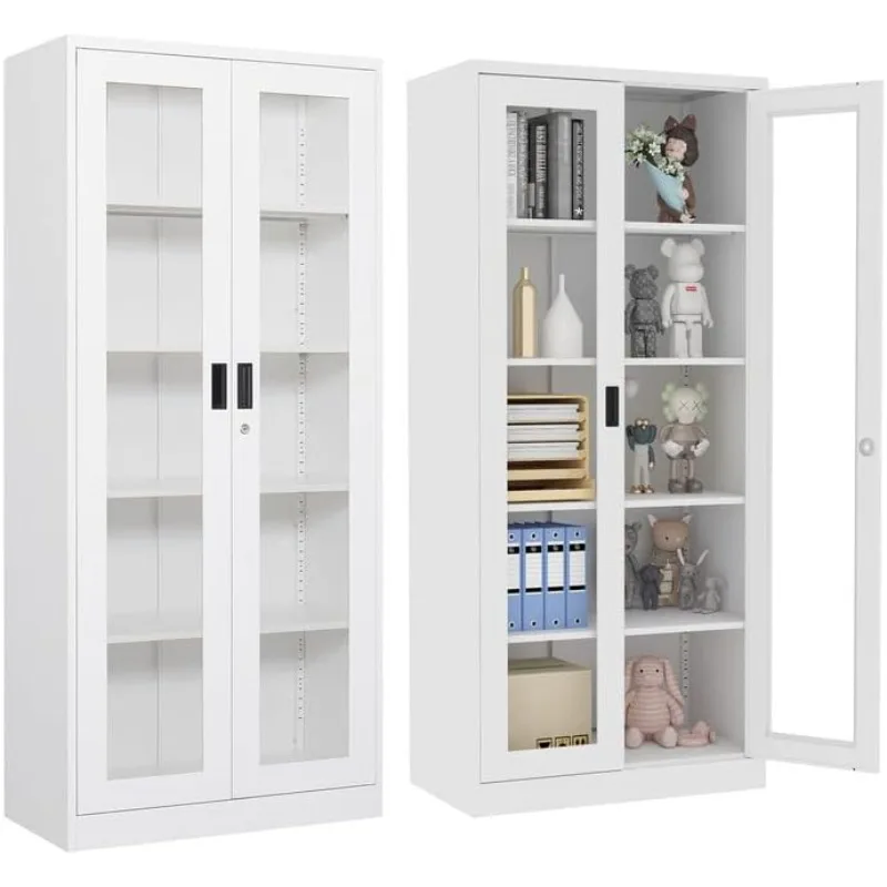 

71" Curio Cabinet Glass Display Cabinet with 4 Adjustable Shelves, Tall Bookshelf Bookcase with Glass Doors, Lockable Metal