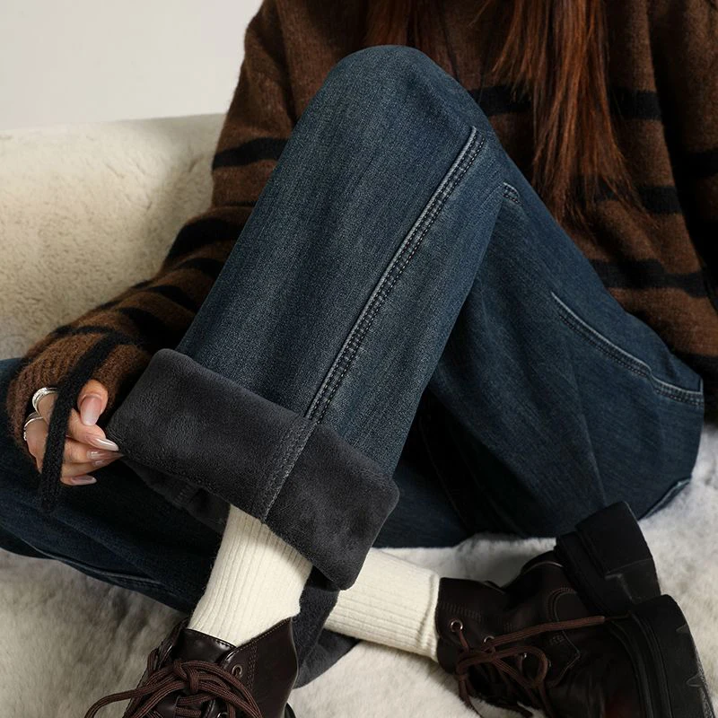 KSTUN Women’s Narrow Cut Wide Leg Jeans with Fleece High Waisted 2026 Winter Warm Jeans For Mom Straight Leg Thicken Trousers