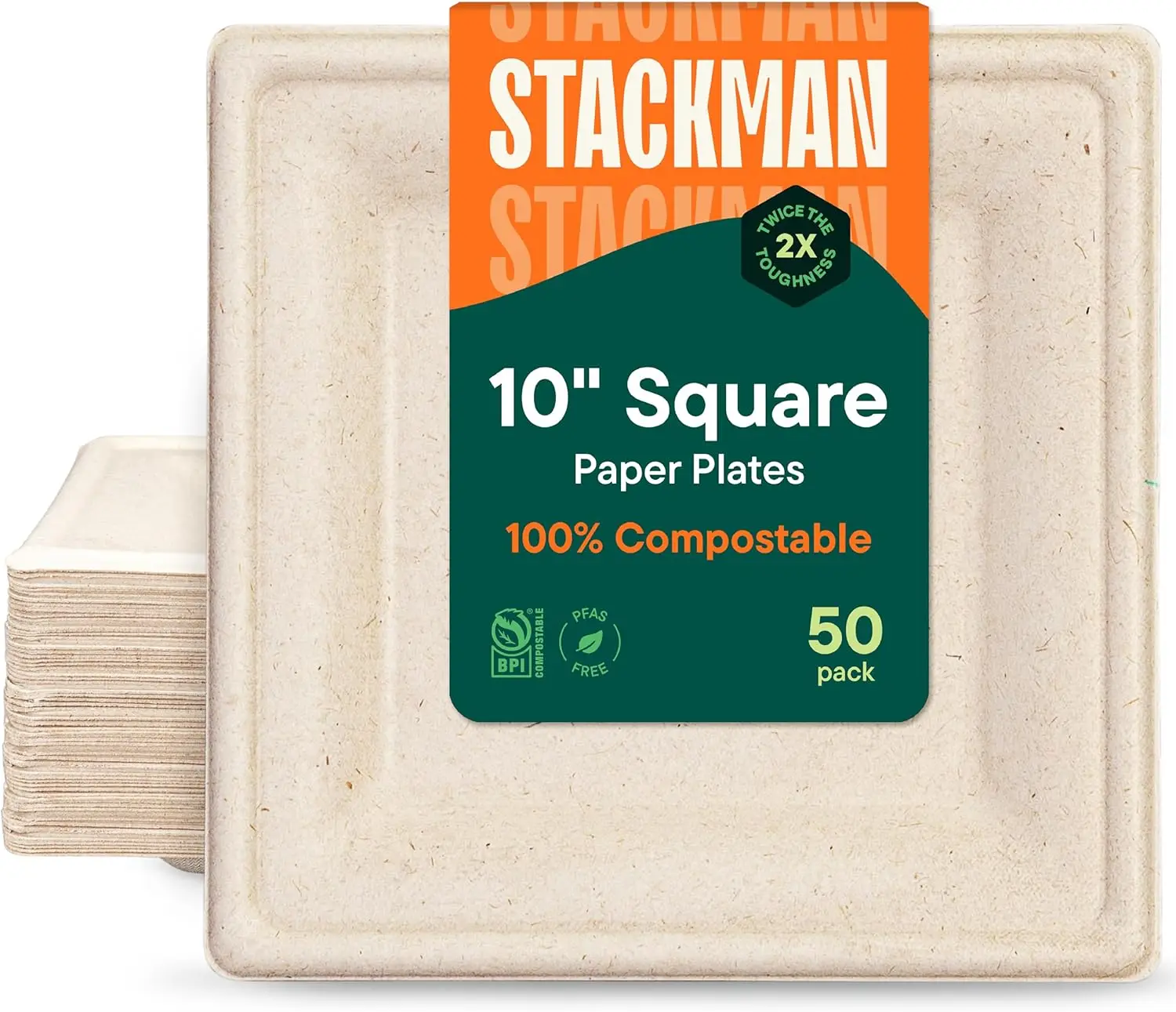 

100% Compostable Square Paper Plates [50-Pack] - PFAS-Free, BPI Certified, 10 Inch Heavy Duty Eco-Friendly Bagasse Dinner Plates - Natural Brown