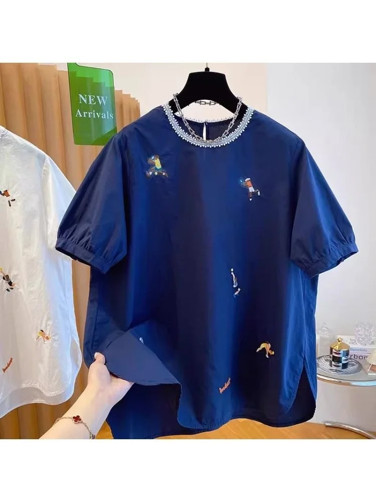

plus Size Women's Loose Short Sleeve Embroidered Shirt Summer Vintage Style Comfortable Fit Casual Fashion Korean Style Top