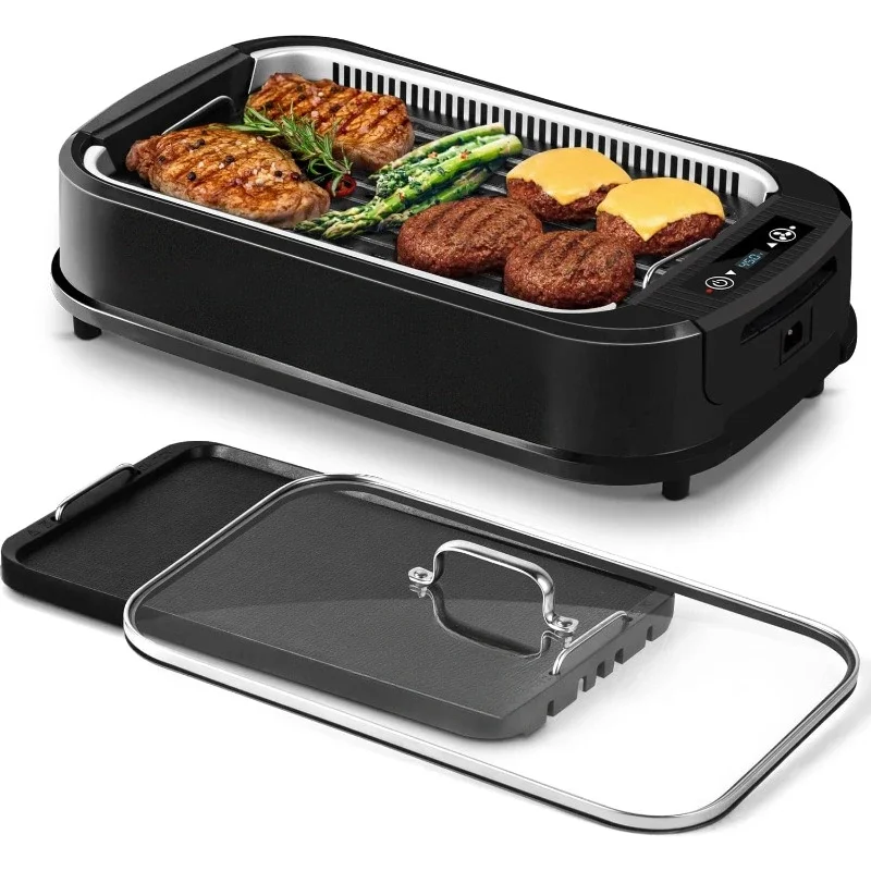 home.Indoor Grill,  Smokeless Grill Indoor,   Display & Tempered Glass Lid, Non-stick Removable Grill Plate & Griddle Plate, Bla