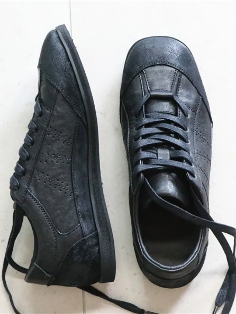 Retro Male Genuine Leather Hard Wearing Distressed Casual Shoes Solid Color Cowhide Square Toe Cross Tied Platform Footwear