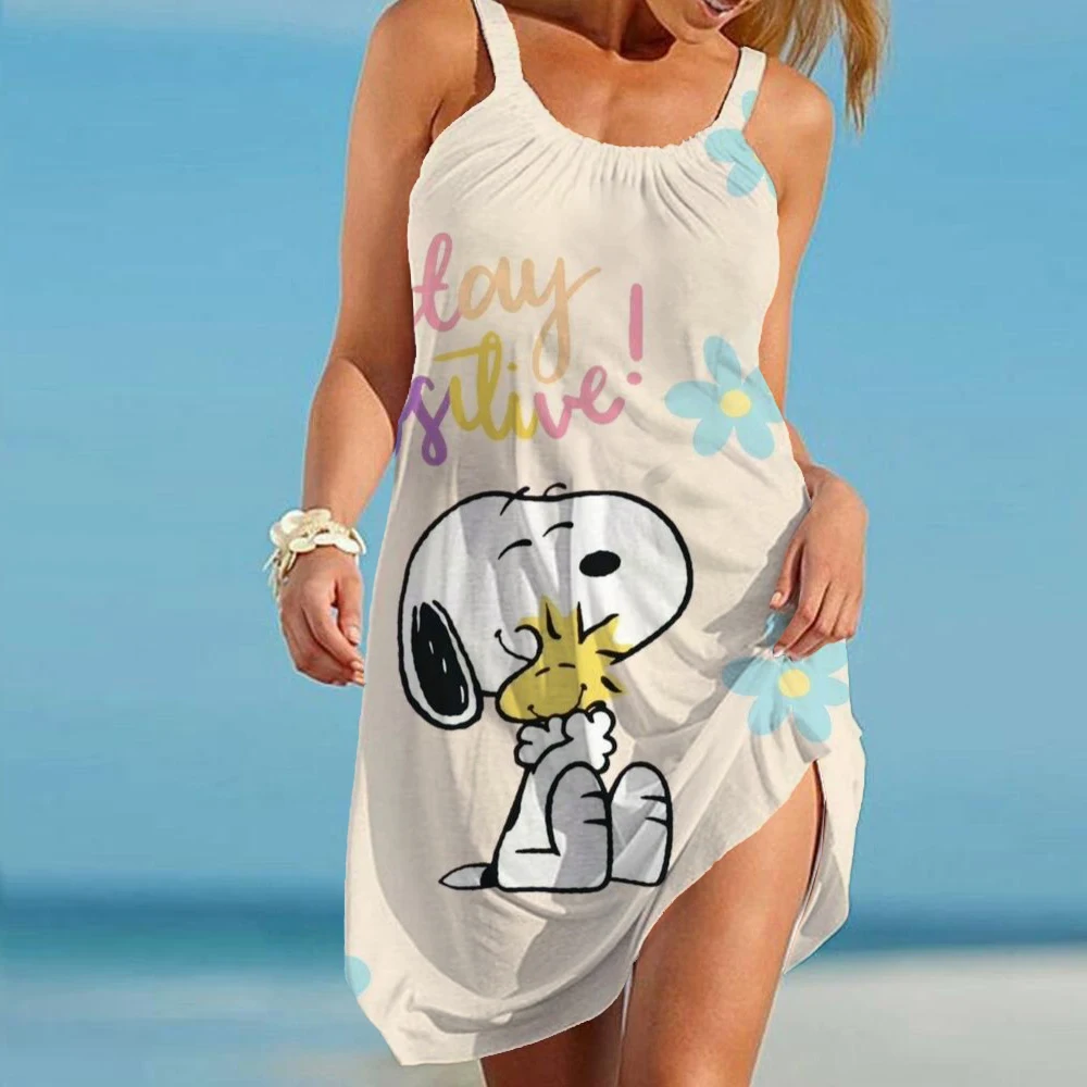 

Elegant Dresses for Woman Cartoon Casual Women's Dress Snoopy print Summer Youthful Girls Sexy Clothing Cartoon Tops sling Beach