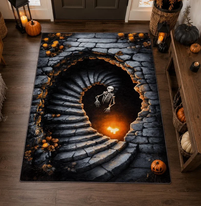 Spiral Crypt Staircase Area Rug, Skeleton Dungeon Portal Crystal Velvet Carpet, Halloween 3D Optical Illusion Decor