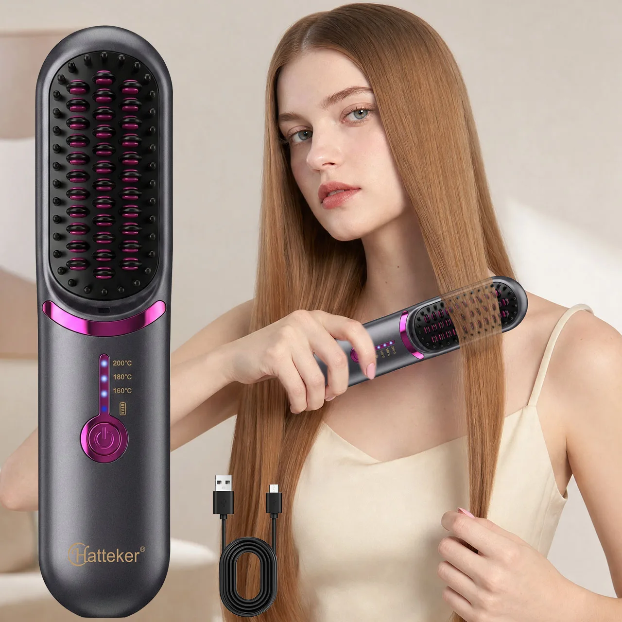 Hatteker Wireless Portable Travel Hair Straightening Comb Three Temperature Settings Volumizing Root Straight And Curl Dual Use Hot Air Comb - view 8