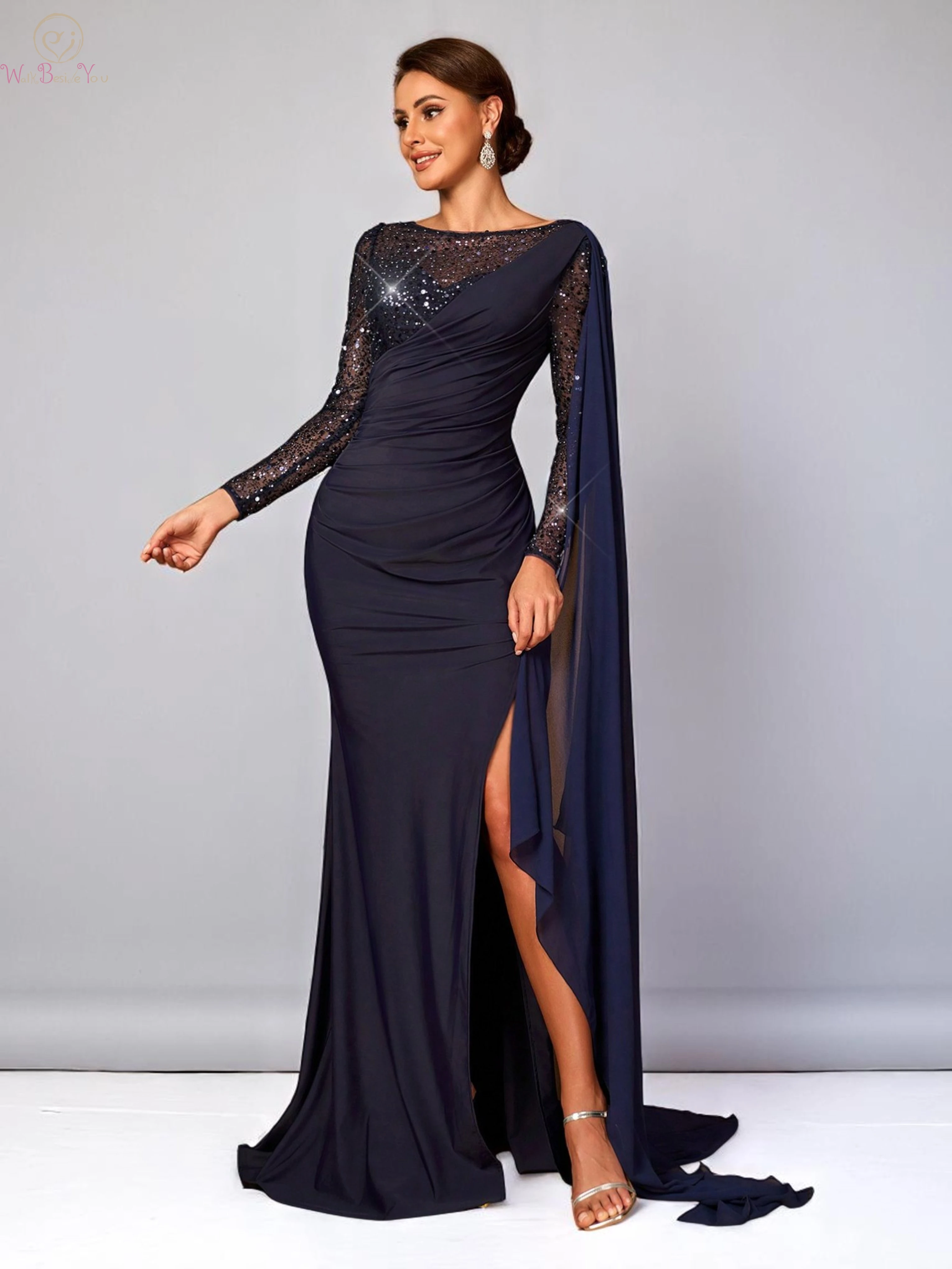 

Navy Blue Evening Dresses Prom Gowns Chiffon Beaded Sequined Bling Mermaid Full Sleeves with Split Mother of the Bride Dresses