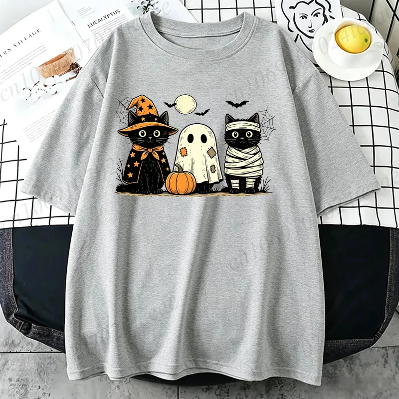 Schwarze Katze Kürbis T-Shirt Ghots Gothic Herbst Katzen T-Shirt Halloween Grusel-Saison T-Shirt Horror Party T-Shirts Unisex Kurzarm – Detail 3