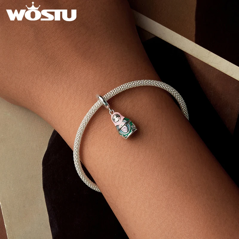 WOSTU 925 Sterling Silver Matryoshka Doll Pendant Russion Lovely Opened Charm Original Fit for Women Bracelet DIY Accesories