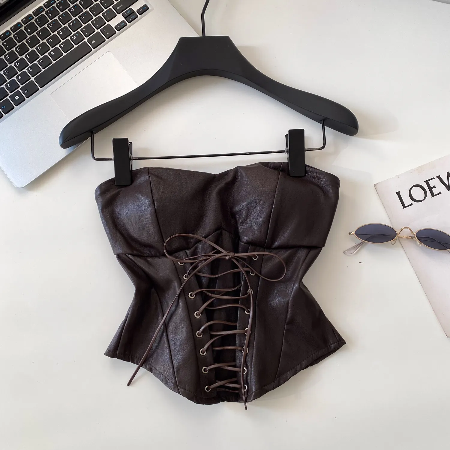 Sexy  Bandage Pu Tube Top Strapless Chic Hotsweet Camis Slim Cropped Tanks Top  Women Corset Bustier