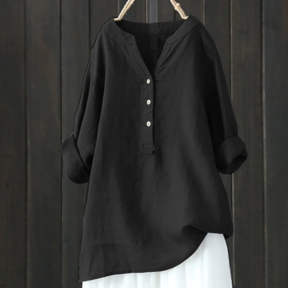 Casual Loose Cotton Linen Blouse Shirt Women Long Sleeved Oversize Blouse Vintage Loose Blusas Spring Stand-Up Collar Pullover ﻿