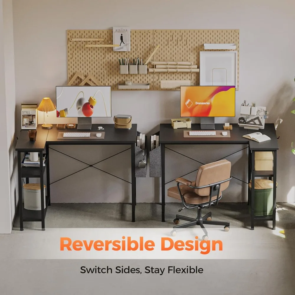 Compact Corner Gaming Desk with Power Outlets and Reversible Storage Shelves for Small Spaces and Enhanced Study Setup