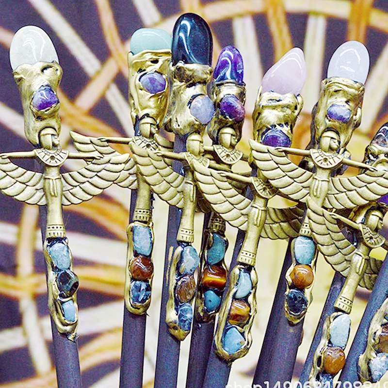 Antique Bronze Egyptian Scepter Sticks Crystal Wands Decoration Resin Party Pharaoh Pendant Witch Cane Stick Natural 1pc