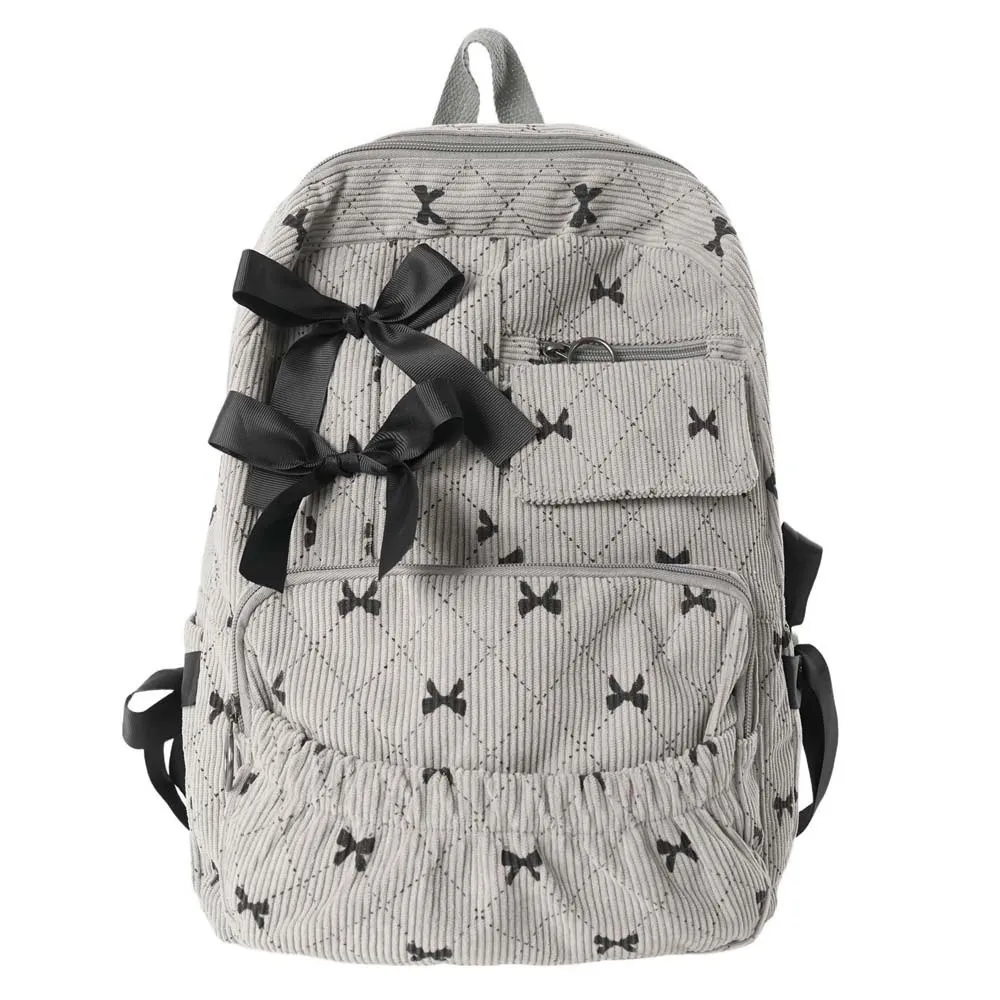 Daypack Corduroy Bow Backpack Casual Contrast Color Students School Bag Scratch Prevention Polyester Large Capacity Backpack