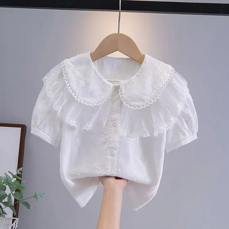 Girls Princess Style Lace Trim Short Sleeve Blouse Summer Kids Flutter Sleeve Doll Collar Shirt Casual Top for Children