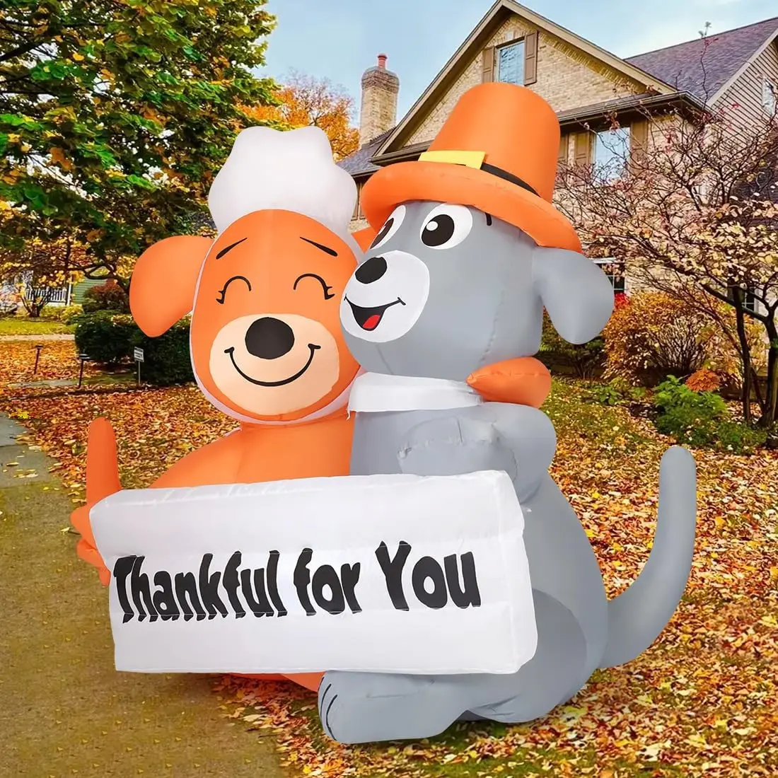 Thanksgiving Inflatables Dog Duo 4.3FT Yard Decor with Built-in LEDs 'Thankful for You' Sign Festive Outdoor Home Decor