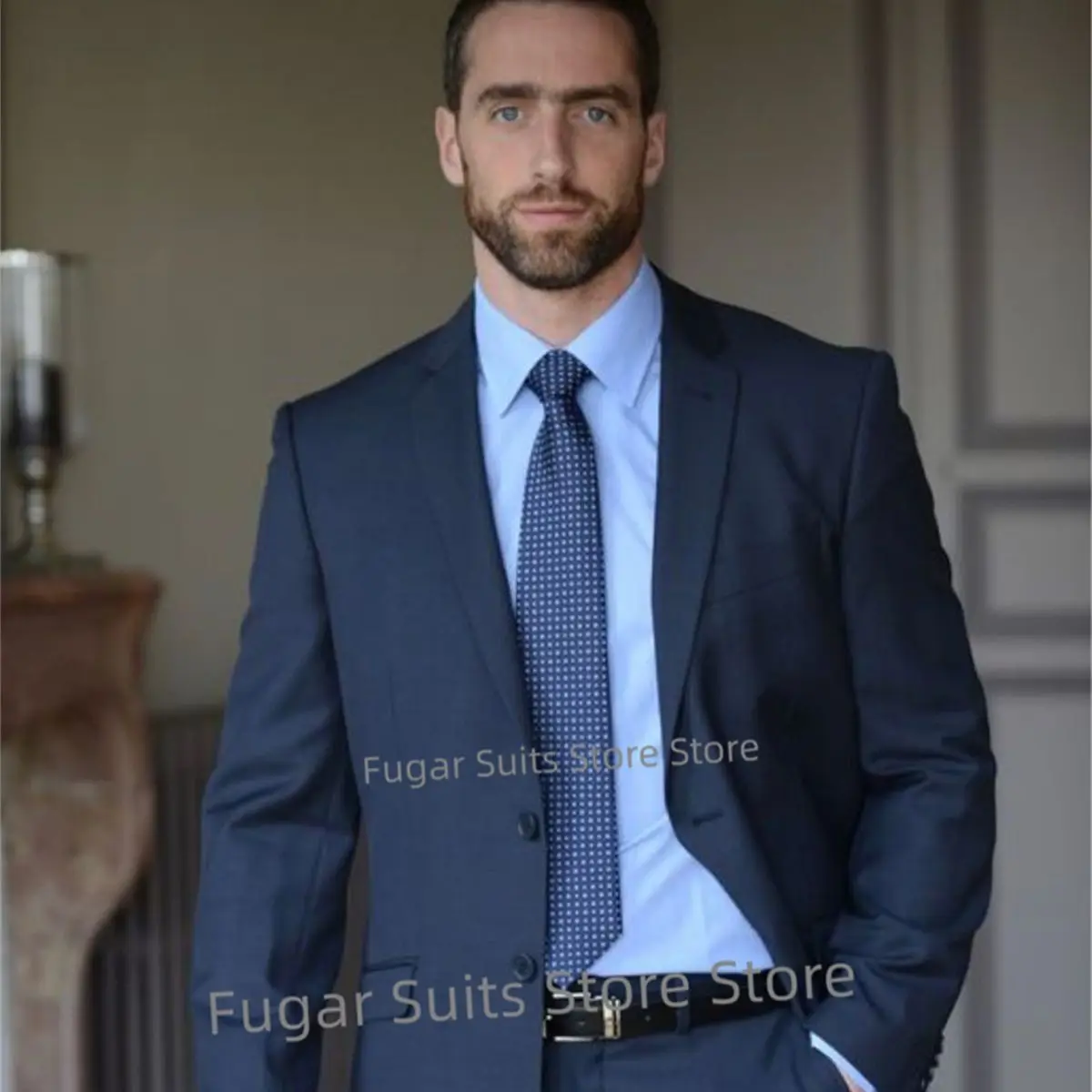 

2023 Office Work Navy Blue Wedding Men Suits For Slim Fit Notched Lapel Groom Tuxedo 2 Pcs Elegance Male Blazer Costume Homme