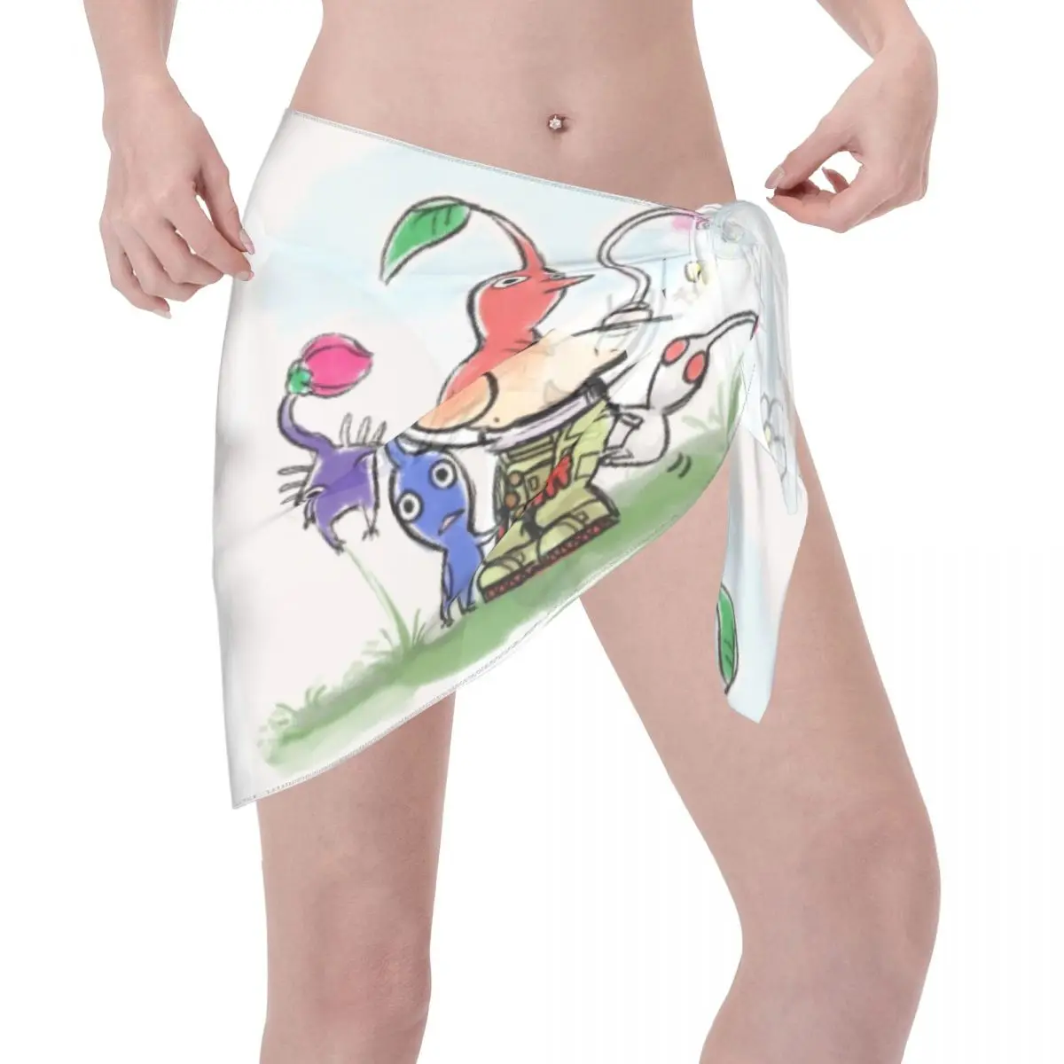 Personalizado pikmins impressão desenhos animados curto sarongs maiô cover-ups impresso bikini envoltório sheer sarong praia envoltório