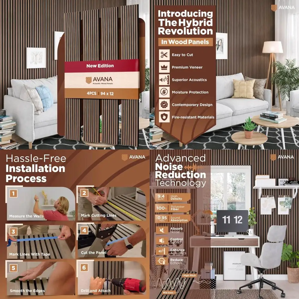Walnut Acoustic Wood Wall Panels Set of 4 - 94.4 x 12.6 Inches for Home Interior Wall Decoration