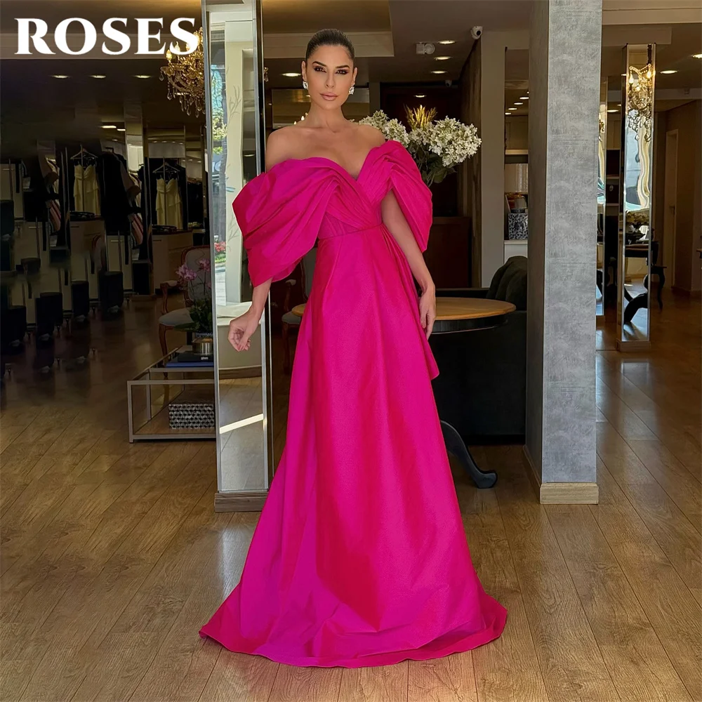 ROSES Hot Pink Prom Dresses Off the Shoulder Gala Dresses with Side Split Zipper Back Saudi Arabic Evening Party Gown Customized - view 3