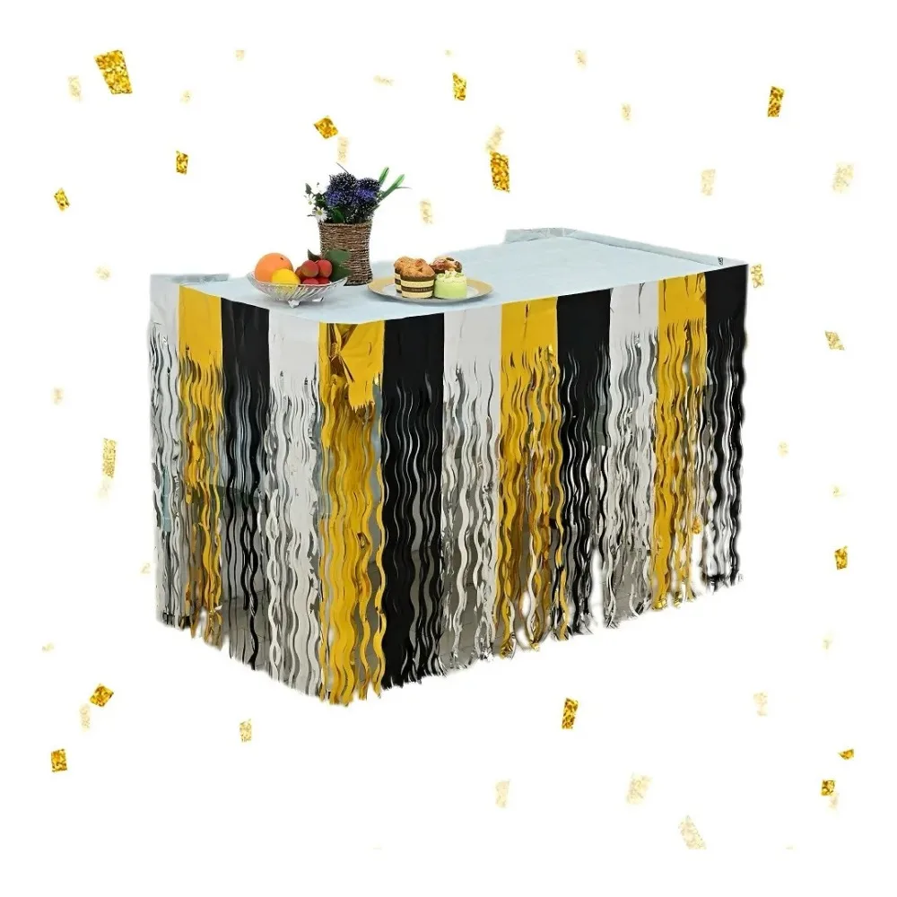 6Pcs Wavy Foil Fringe Table Skirts, Plastic Sequins Ornaments for Anniversary Thanksgiving Festival Party Decoration
